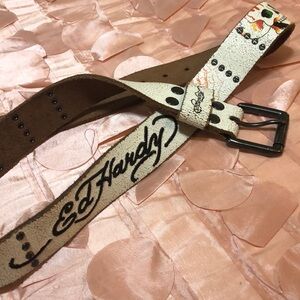 Ed Hardy Real Leather Belt white distressed leather with black stitched name